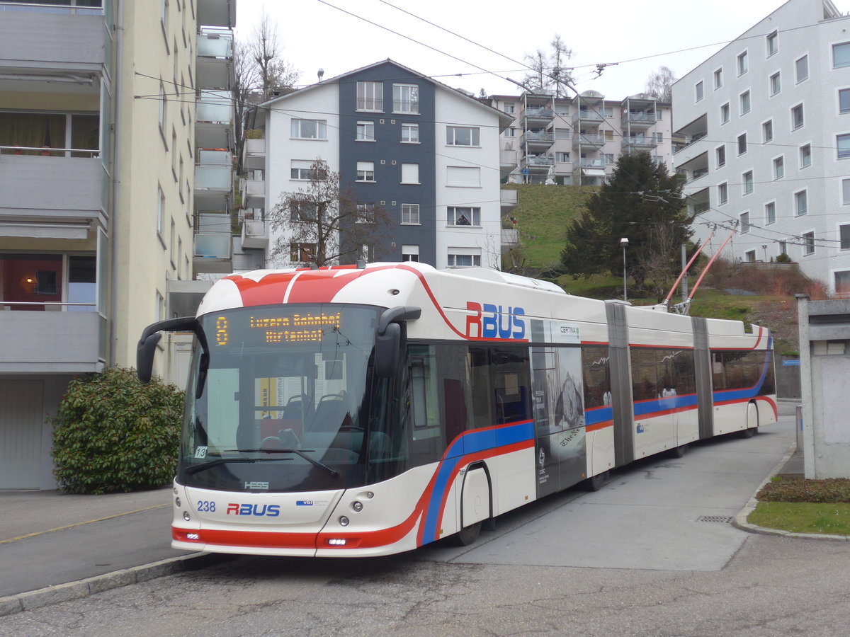 (189'361) - VBL Luzern - Nr. 238 - Hess/Hess Doppelgelenktrolleybus am 17. M�rz 2018 in Luzern, W�rzenbach