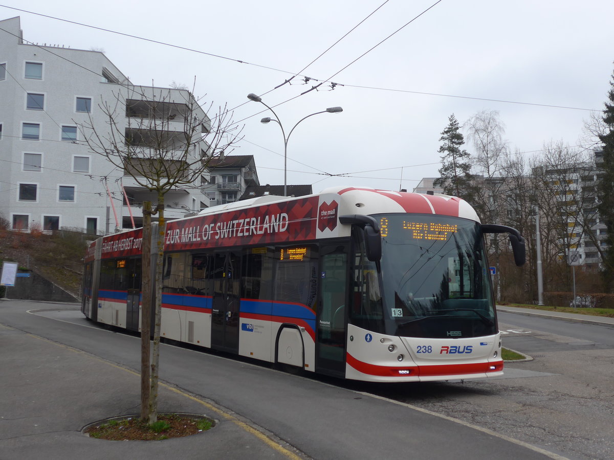 (189'362) - VBL Luzern - Nr. 238 - Hess/Hess Doppelgelenktrolleybus am 17. M�rz 2018 in Luzern, W�rzenbach