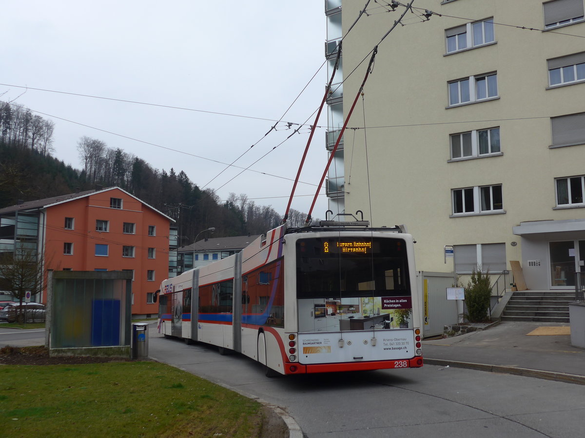 (189'363) - VBL Luzern - Nr. 238 - Hess/Hess Doppelgelenktrolleybus am 17. M�rz 2018 in Luzern, W�rzenbach