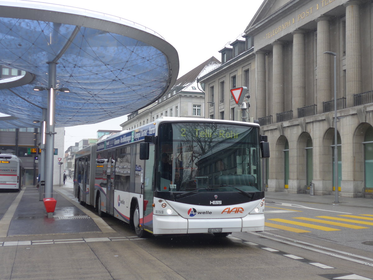 (189'477) - AAR bus+bahn, Aarau - Nr. 169/AG 374'169 - Scania/Hess am 19. M�rz 2018 beim Bahnhof Aarau