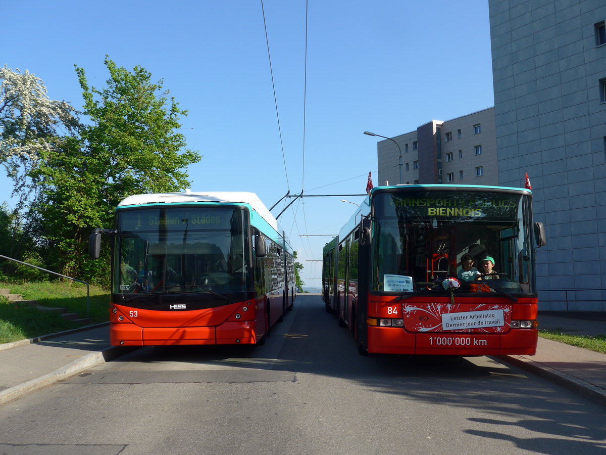 (192'921) - VB Biel - Nr. 53 - Hess/Hess + Nr. 84 - NAW/Hess Gelenktrolleybusse am 6. Mai 2018 in Biel, Vorh�lzli