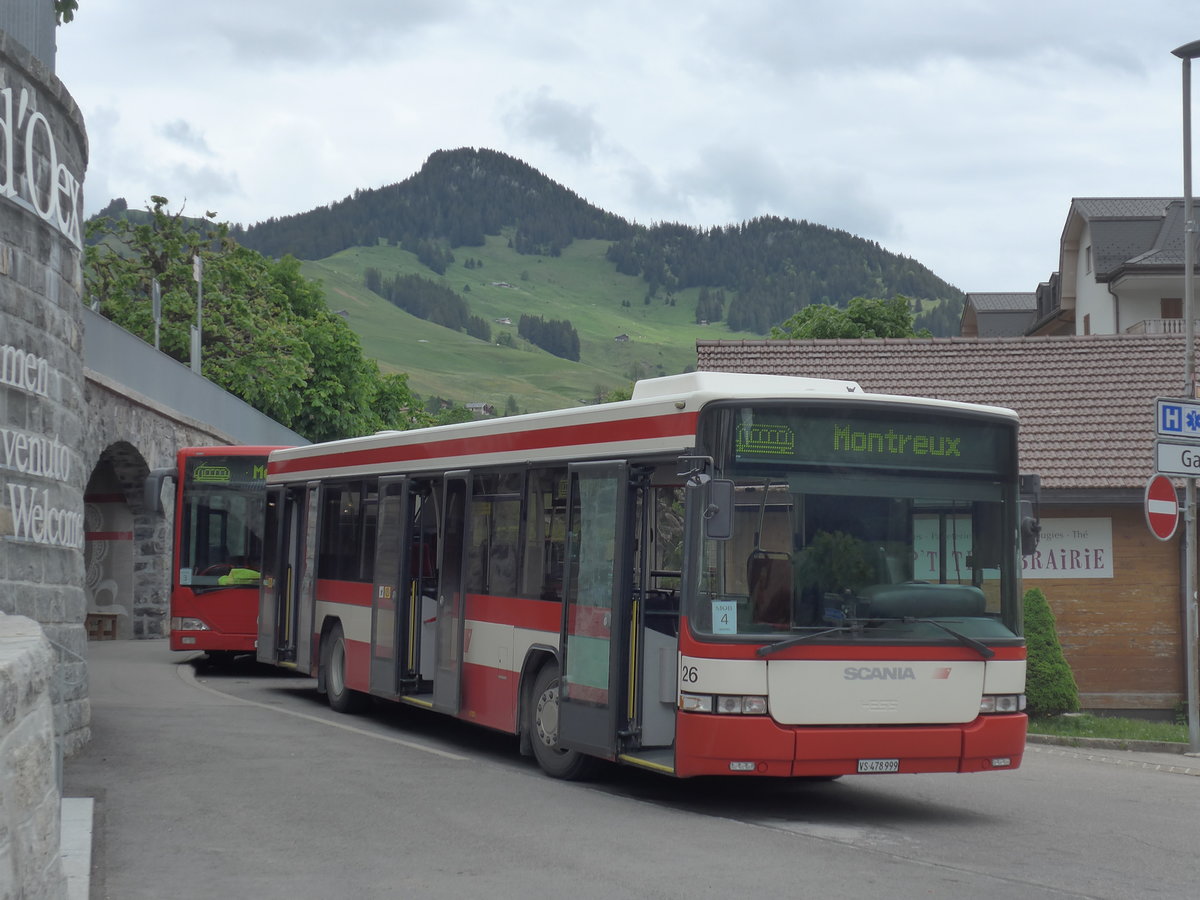 (193'302) - Lathion, Sion - Nr. 26/VS 478'999 - Scania/Hess (ex AAGS Schwyz Nr. 12) am 21. Mai 2018 beim Bahnhof Ch�teau-d'Oex