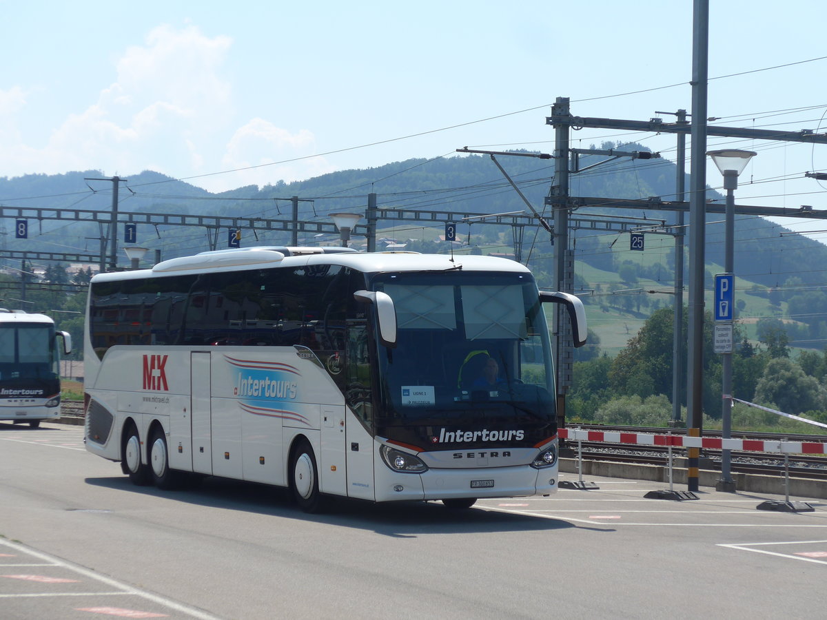 (195'583) - Intertours, Domdidier - FR 300'653 - Setra am 5. August 2018 beim Bahnhof Pal�zieux