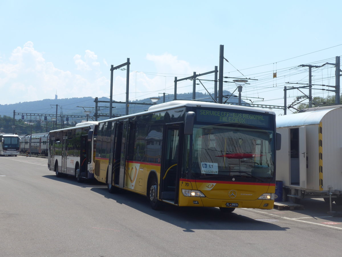 (195'594) - Aus Liechtenstein: Sch�dler, Triesenberg - Nr. 70/FL 39'870 - Mercedes (ex PostAuto Ostschweiz Nr. 6) am 5. August 2018 beim Bahnhof Pal�zieux