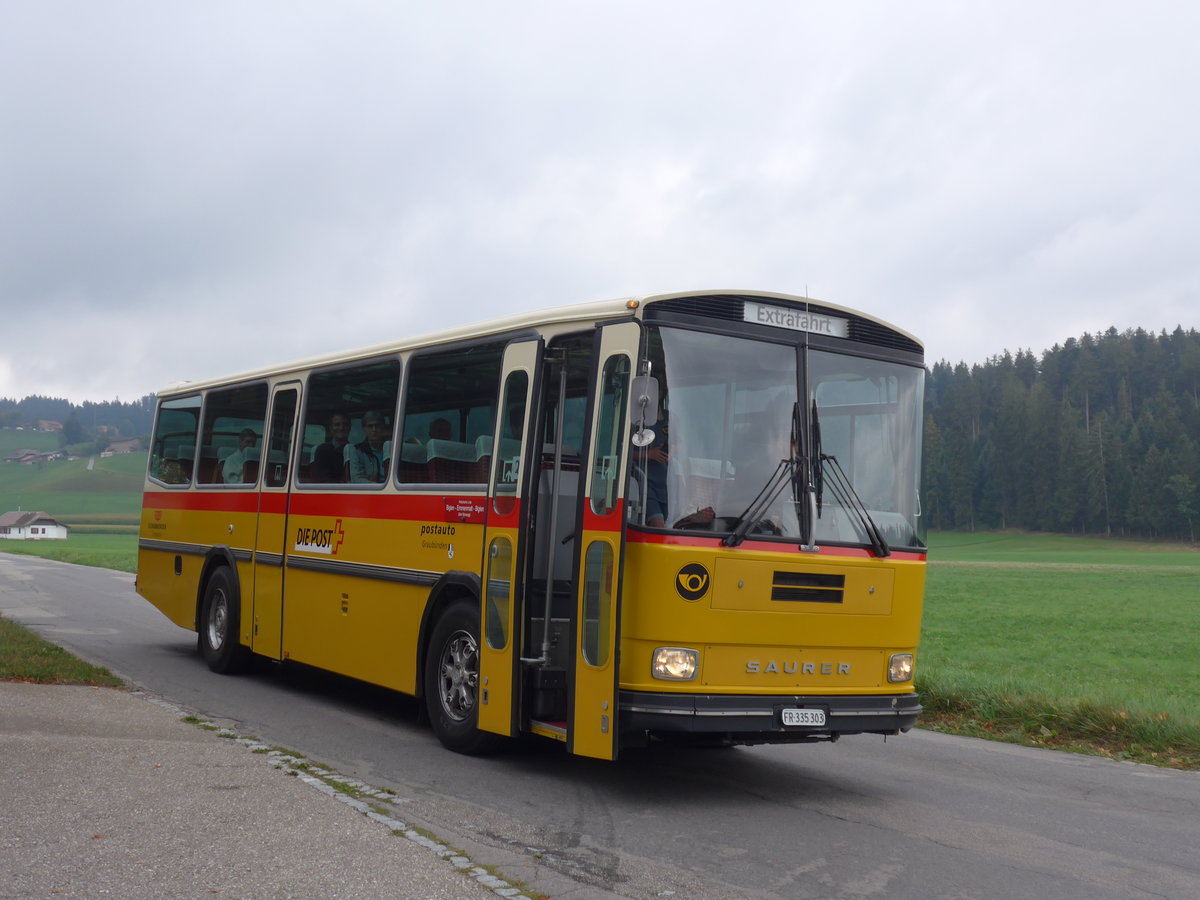 (196'387) - Eichenberger, B�singen - FR 335'303 - Saurer/R&J (ex Schlapp, Cottens; ex Ruklic, Schaffhausen; ex Heim, Flums; ex Frigg, Zernez; ex P 24'279) am 2. September 2018 in Arnis�ge, Post