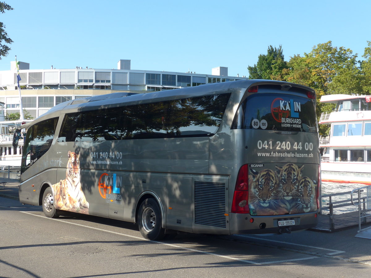 (196'617) - K�lin+Burkhard, Luzern - LU 15'512 - Scania/Irizar am 8. September 2018 bei der Schiffl�ndte Thun