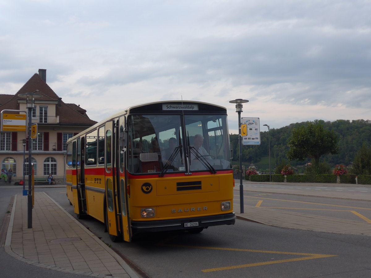 (197'883) - Schmid, Th�rishaus - BE 26'206 - Saurer/T�scher (ex P 24'244) am 16. September 2018 beim Bahnhof Spiez