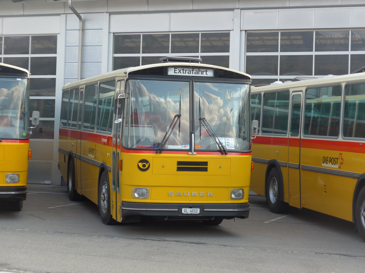 (198'032) - Schmid, Glarus - GL 4012 - Saurer/T�scher (ex Mosimann, Aesch; ex Erne, Full; ex P 24'257) am 30. September 2018 in Bellach, Hess