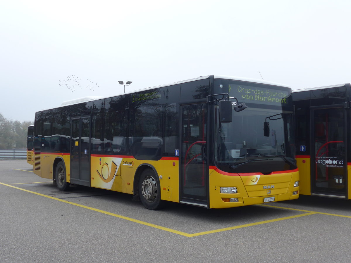 (199'216) - CarPostal Ouest - JU 41'772 - MAN/G�ppel (ex R�mocar, Mervelier; ex CJ Tramelan Nr. 203) am 4. November 2018 in Develier, Parkplatz