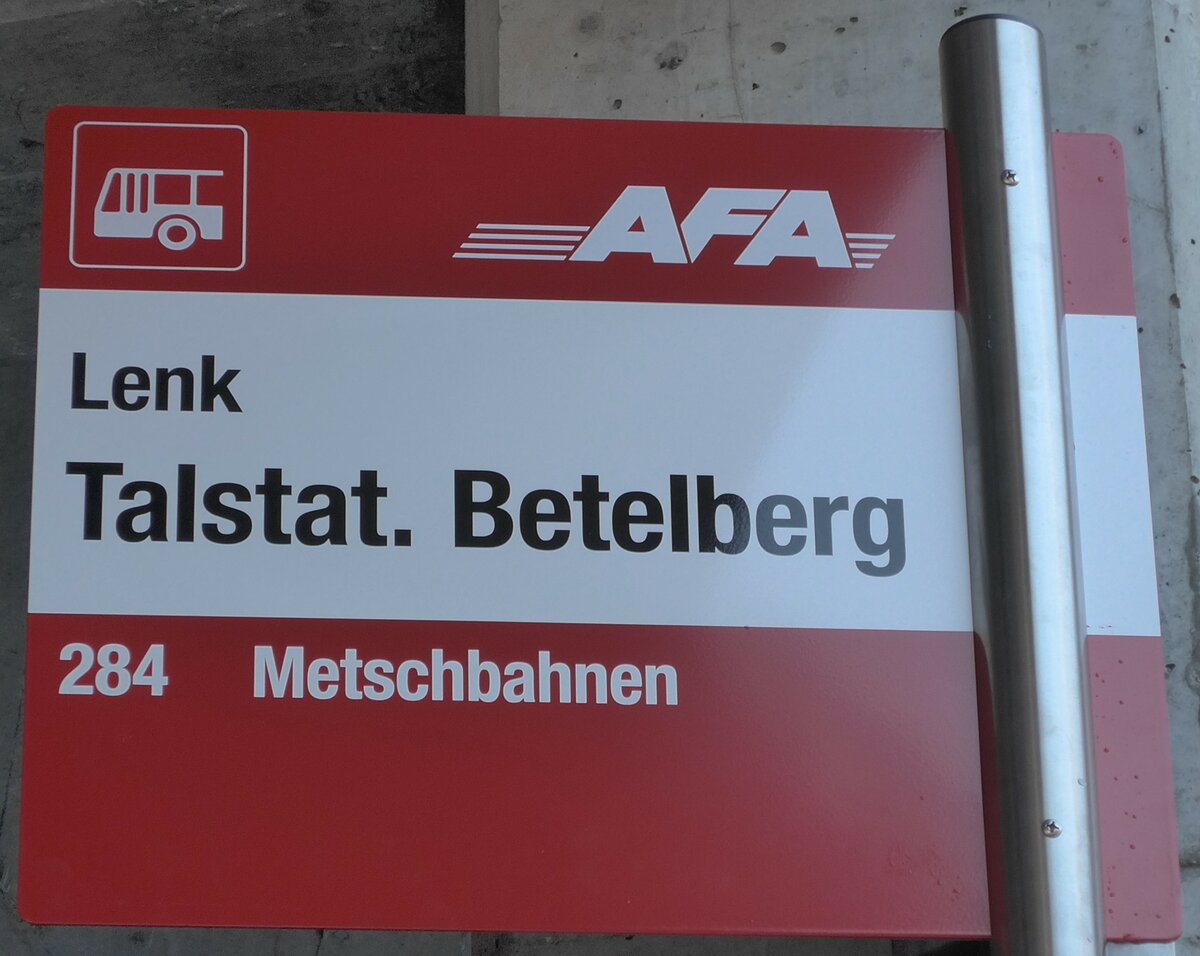 (200'208) - AFA-Haltestellenschild - Lenk, Talstat. Betelberg - am 25. Dezember 2018