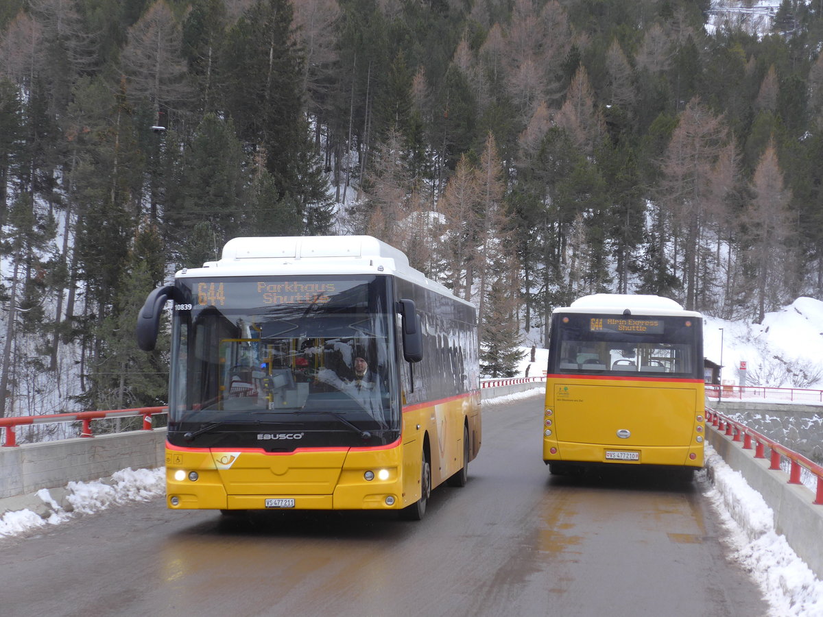 (201'354) - PostAuto Wallis - VS 477'211 + VS 477'210 - Ebusco am 27. Januar 2019 in Saas-Fee, Panoramabr�cke