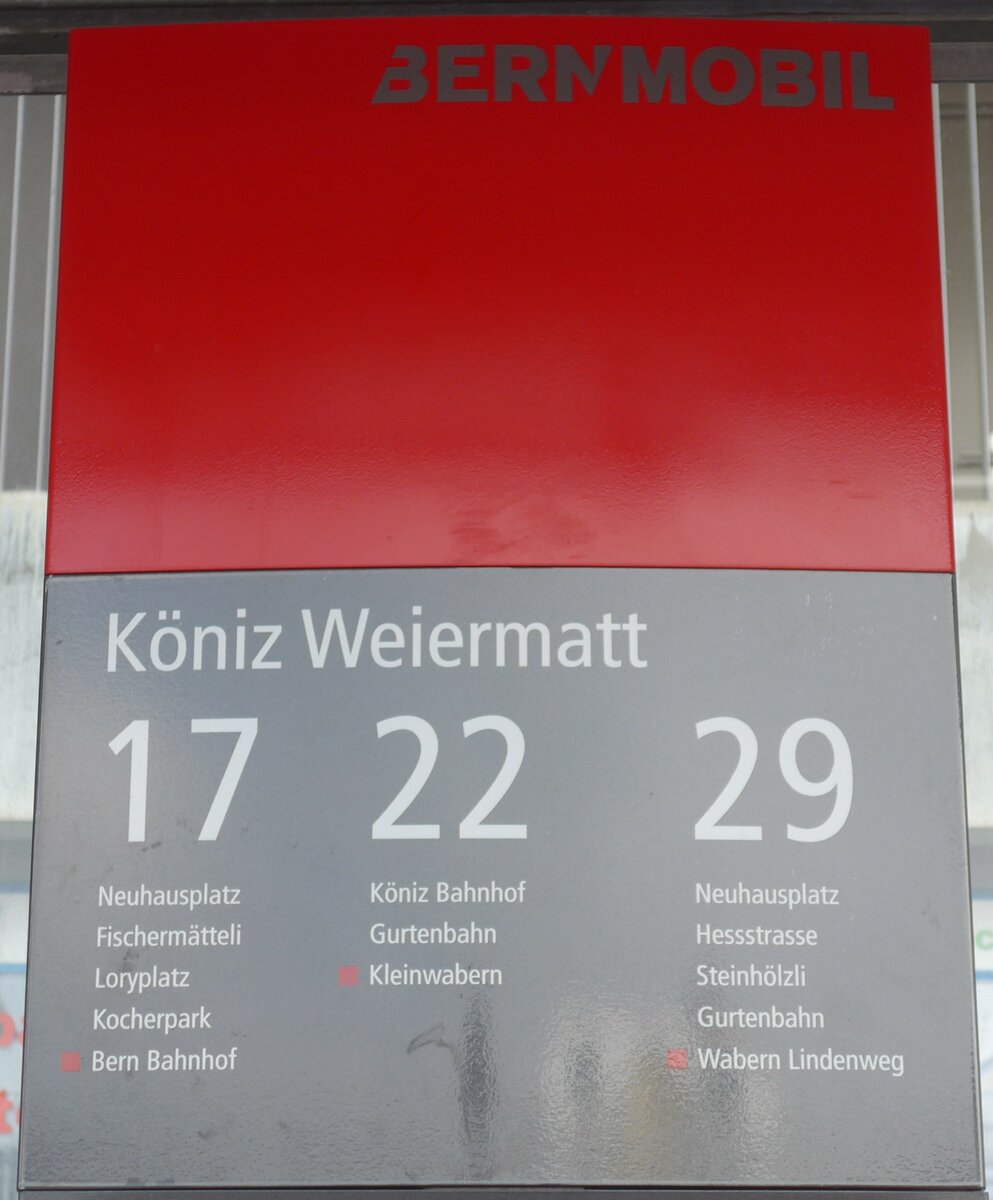 (201'445) - BERNMOBIL-Haltestellenschild - K�niz, Weiermatt - am 4. Februar 2019