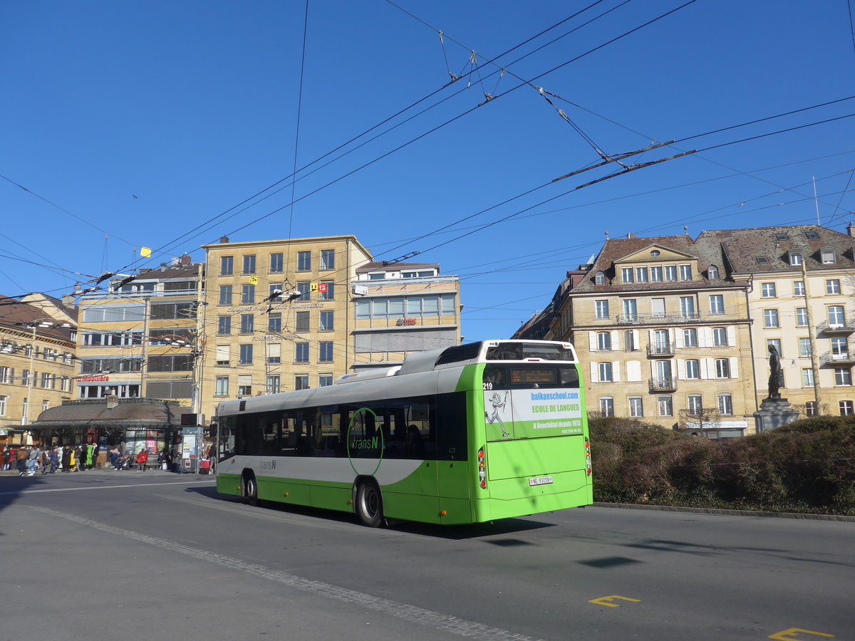 (201'652) - transN, La Chaux-de-Fonds - Nr. 219/NE 93'219 - Volvo (ex TN Neuch�tel Nr. 219) am 16. Februar 2019 in Neuch�tel, Place Pury