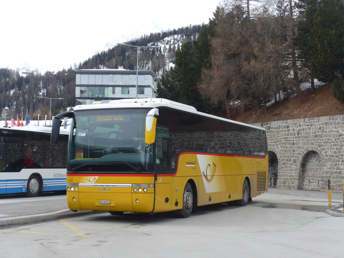 (202'044) - TpM, Mesocco - Nr. 1/GR 108'001 - Van Hool (ex Pacciarelli, Grono) am 10. M�rz 2019 beim Bahnhof St. Moritz