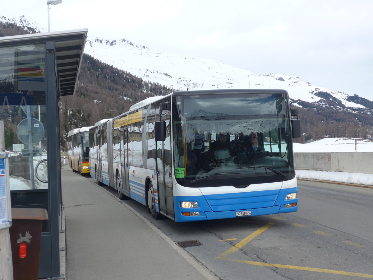 (202'086) - RTB Altst�tten - Nr. 10/SG 348'634 - MAN am 10. M�rz 2019 in Silvaplana, Kreisel Mitte