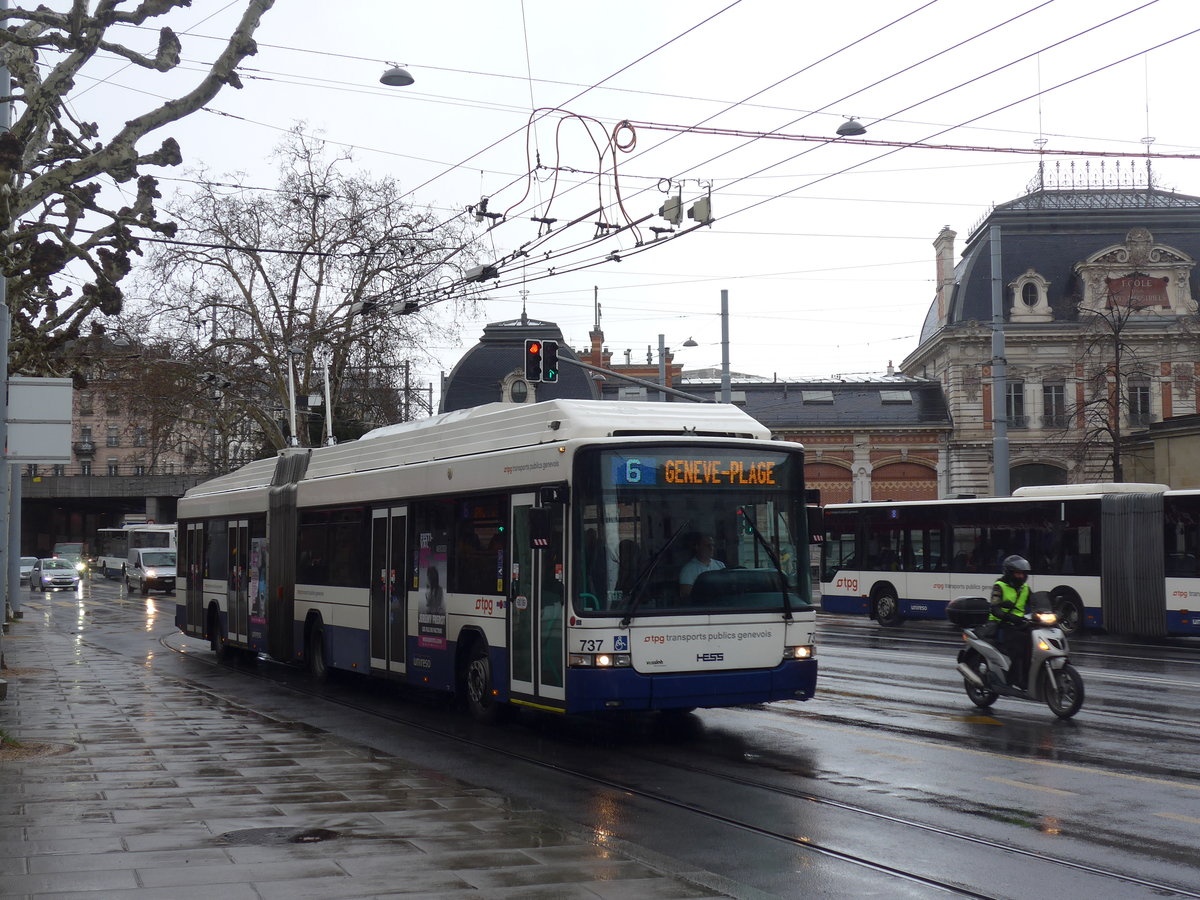 (202'221) - TPG Gen�ve - Nr. 737 - Hess/Hess Gelenktrolleybus am 11. M�rz 2019 in Gen�ve, Place des Vingt-Deux-Cantons