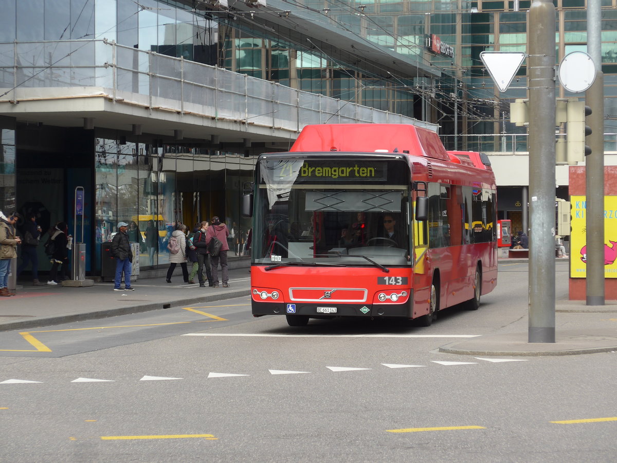 (202'348) - Bernmobil, Bern - Nr. 143/BE 661'143 - Volvo am 12. M�rz 2019 beim Bahnhof Bern