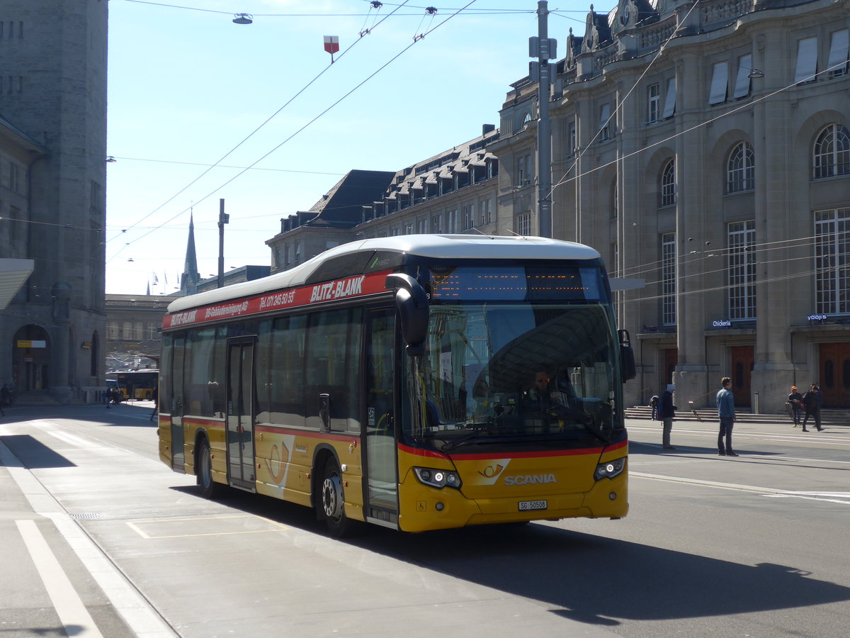 (202'736) - Schwizer, Goldach - SG 50'508 - Scania am 21. M�rz 2019 beim Bahnhof St. Gallen
