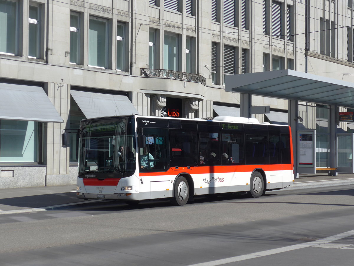 (202'743) - St. Gallerbus, St. Gallen - Nr. 269/SG 198'269 - MAN/G�ppel am 21. M�rz 2019 beim Bahnhof St. Gallen