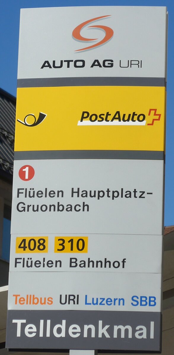 (202'815) - AUTO AG URI/PostAuto-Haltestellenschild - Altdorf, Telldenkmal - am 22. M�rz 2019