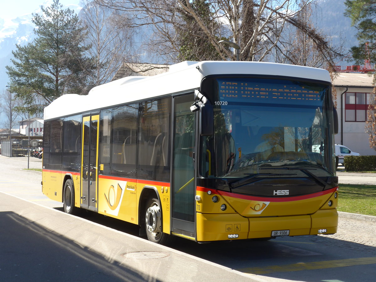 (202'820) - AAGU Altdorf - Nr. 70/UR 9306 - Scania/Hess am 22. M�rz 2019 beim Bahnhof Fl�elen