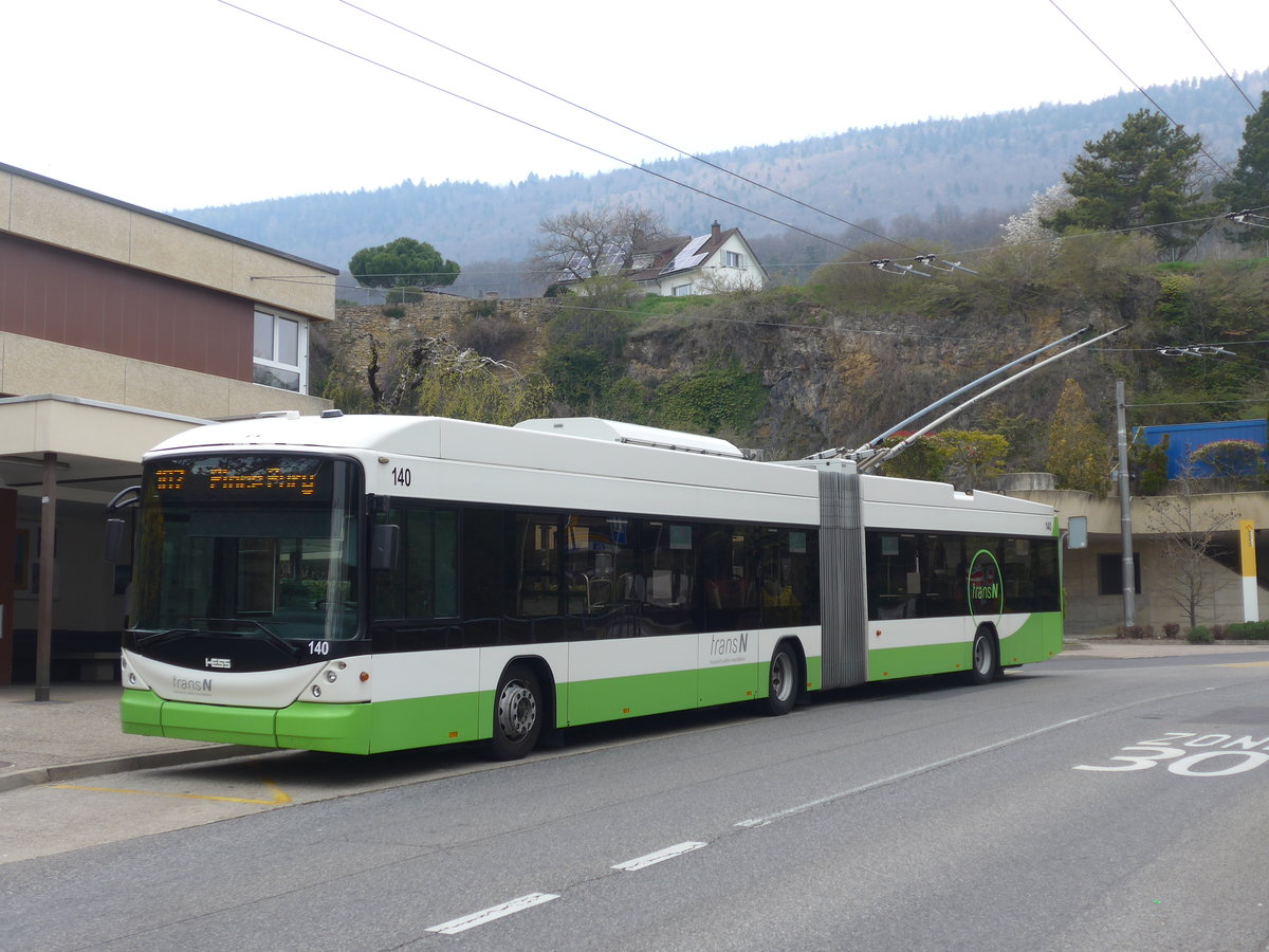 (203'624) - transN, La Chaux-de-Fonds - Nr. 140 - Hess/Hess Gelenktrolleybus (ex TN Neuch�tel Nr. 140) am 13. April 2019 in Hauterive, Post
