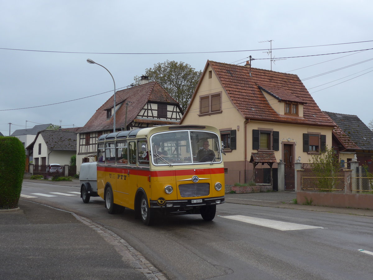 (204'200) - Aus der Schweiz: Schmid, Th�rishaus - Nr. 9/BE 26'105 - Saurer/R&J (ex Geiger, Adelboden Nr. 9) am 27. April 2019 in Stundwiller, Rue Principale
