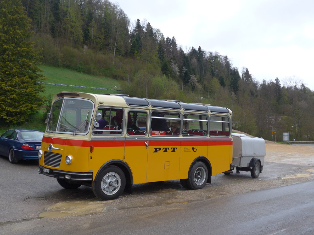 (204'548) - Schmid, Th�rishaus - Nr. 9/BE 26'105 - Saurer/R&J (ex Geiger, Adelboden Nr. 9) am 28. April 2019 in Lucelle, Motel Noirval