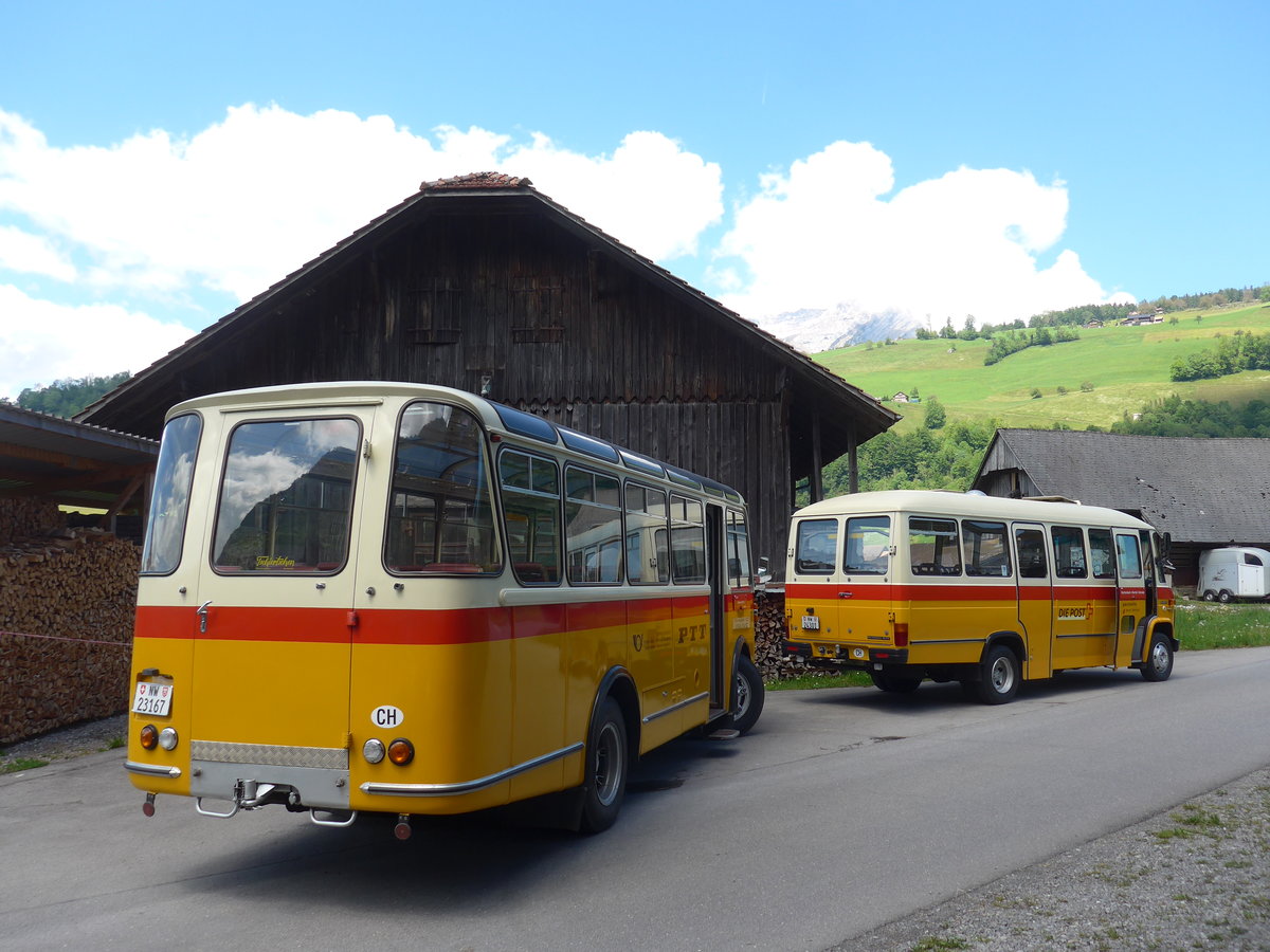 (205'627) - M�ller, Ennetmoos - NW 23'167 - FBW/Gangloff (ex Rentsch, Gunten; ex P 23'203; ex P 21'003) + Nr. 6/BE 24'301 - Mercedes (ex Portenier, Adelboden Nr. 6; ex Geiger, Adelboden Nr. 6) am 30. Mai 2019 in Ennetmoos, Garage