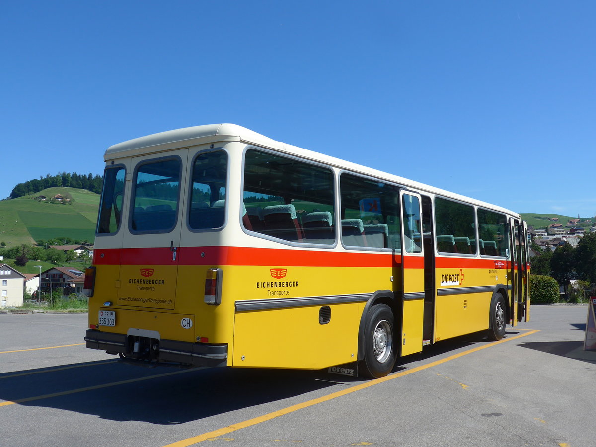 (205'706) - Eichenberger, B�singen - FR 335'303 - Saurer/R&J (ex Schlapp, Cottens; ex Ruklic, Schaffhausen; ex Heim, Flums; ex Frigg, Zernez; ex P 24'279) am 2. Juni 2019 beim Bahnhof Biglen