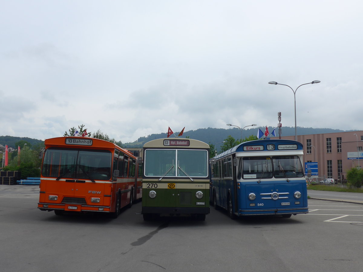 (206'572) - ZVB Zug (RWB) - Nr. 35/ZH 797'215 - FBW/Hess + SVB Bern (Bernmobil historique) - Nr. 270/BE 113'270 - FBW/SWS-Gangloff + VBZ Z�rich (TMZ) - Nr. 540/ZH 315'491 - Saurer/Saurer (ex Nr. 7540; ex Nr. 540) am 22. Juni 2019 in Emmenbr�cke, Debrunner Acifer
