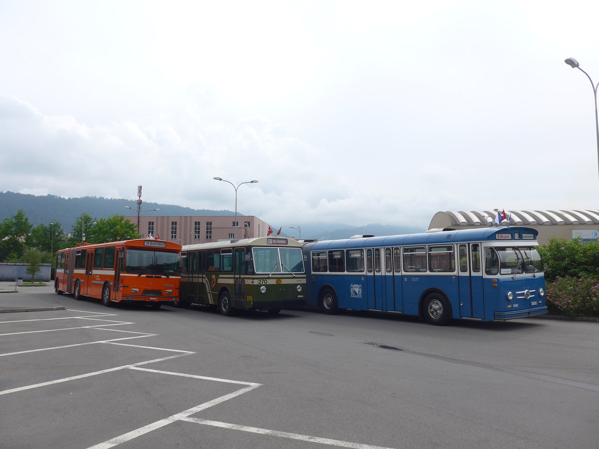 (206'582) - ZVB Zug (RWB) - Nr. 35/ZH 797'215 - FBW/Hess + SVB Bern (Bernmobil historique) - Nr. 270/BE 113'270 - FBW/SWS-Gangloff + VBZ Z�rich (TMZ) - Nr. 540/ZH 315'491 - Saurer/Saurer (ex Nr. 7540; ex Nr. 540) am 22. Juni 2019 in Emmenbr�cke, Debrunner Acifer