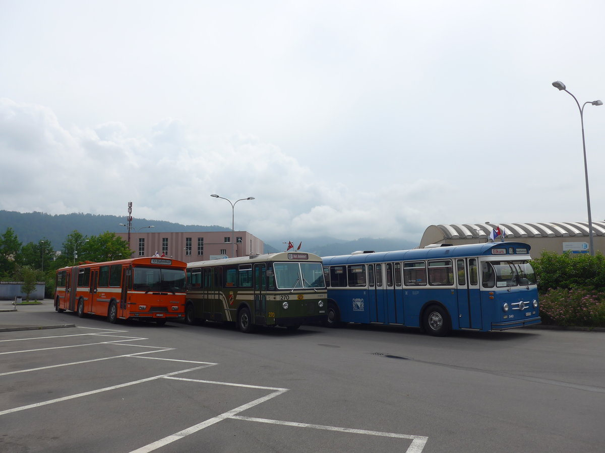 (206'588) - ZVB Zug (RWB) - Nr. 35/ZH 797'215 - FBW/Hess + SVB Bern (Bernmobil historique) - Nr. 270/BE 113'270 - FBW/SWS-Gangloff + VBZ Z�rich (TMZ) - Nr. 540/ZH 315'491 - Saurer/Saurer (ex Nr. 7540; ex Nr. 540) am 22. Juni 2019 in Emmenbr�cke, Debrunner Acifer