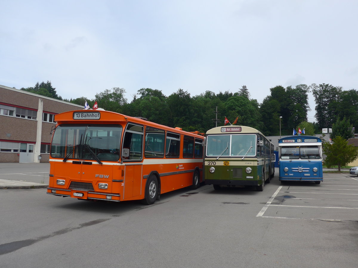 (206'600) - ZVB Zug (RWB) - Nr. 35/ZH 797'215 - FBW/Hess + SVB Bern (Bernmobil historique) - Nr. 270/BE 113'270 - FBW/SWS-Gangloff + VBZ Z�rich (TMZ) - Nr. 540/ZH 315'491 - Saurer/Saurer (ex Nr. 7540; ex Nr. 540) am 22. Juni 2019 in Emmenbr�cke, Debrunner Acifer