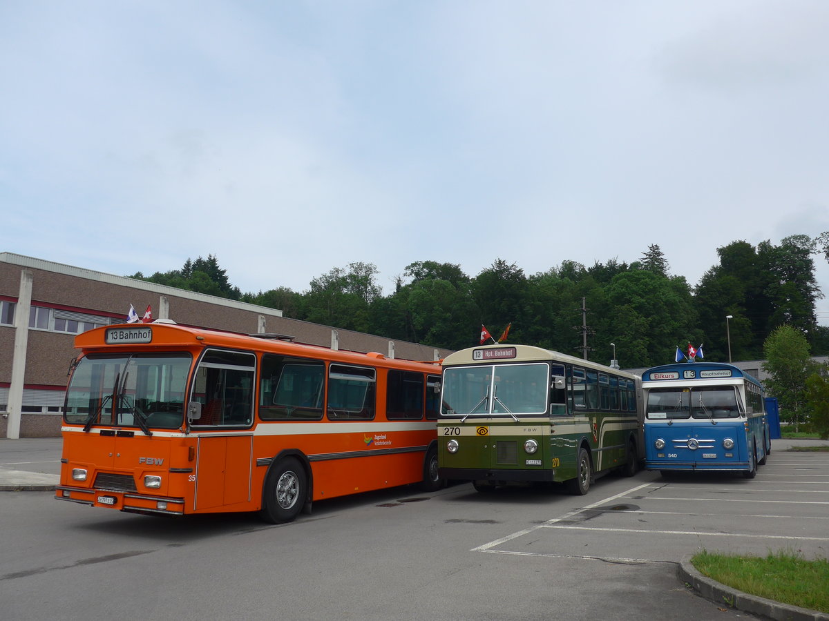 (206'601) - ZVB Zug (RWB) - Nr. 35/ZH 797'215 - FBW/Hess + SVB Bern (Bernmobil historique) - Nr. 270/BE 113'270 - FBW/SWS-Gangloff + VBZ Z�rich (TMZ) - Nr. 540/ZH 315'491 - Saurer/Saurer (ex Nr. 7540; ex Nr. 540) am 22. Juni 2019 in Emmenbr�cke, Debrunner Acifer
