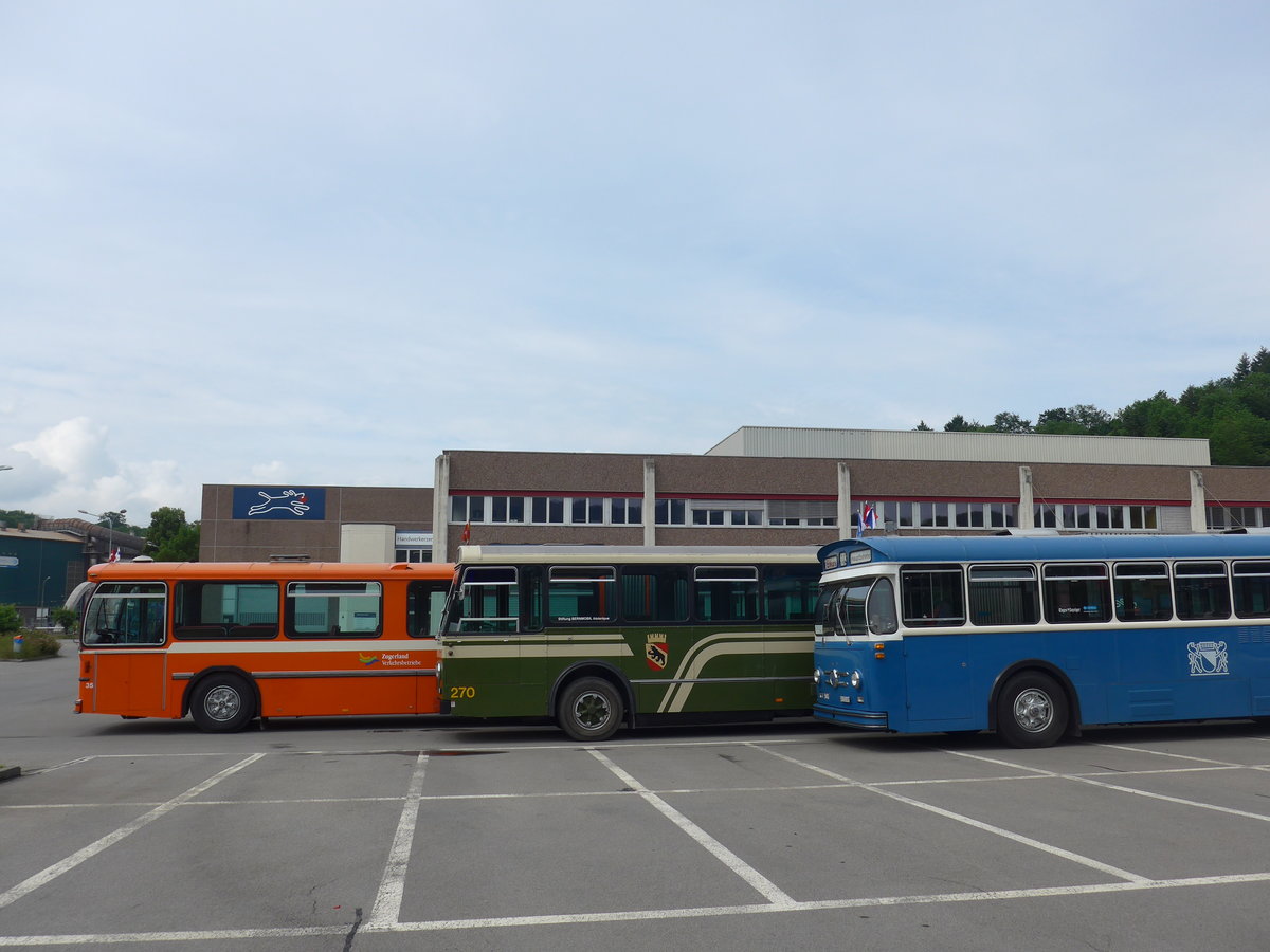 (206'604) - ZVB Zug (RWB) - Nr. 35/ZH 797'215 - FBW/Hess + SVB Bern (Bernmobil historique) - Nr. 270/BE 113'270 - FBW/SWS-Gangloff + VBZ Z�rich (TMZ) - Nr. 540/ZH 315'491 - Saurer/Saurer (ex Nr. 7540; ex Nr. 540) am 22. Juni 2019 in Emmenbr�cke, Debrunner Acifer (Teilaufnahme)