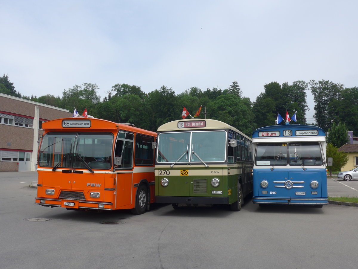 (206'610) - ZVB Zug (RWB) - Nr. 35/ZH 797'215 - FBW/Hess + SVB Bern (Bernmobil historique) - Nr. 270/BE 113'270 - FBW/SWS-Gangloff + VBZ Z�rich (TMZ) - Nr. 540/ZH 315'491 - Saurer/Saurer (ex Nr. 7540; ex Nr. 540) am 22. Juni 2019 in Emmenbr�cke, Debrunner Acifer