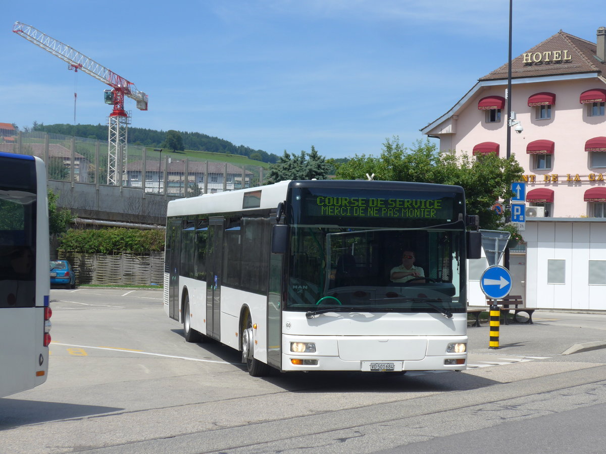(206'820) - Interbus, Yverdon - Nr. 60/VD 501'684 - MAN (ex transN, La Chaux-de-Fonds Nr. 205; ex TN Neuch�tel Nr. 205) am 24. Juni 2019 beim Bahnhof Moudon
