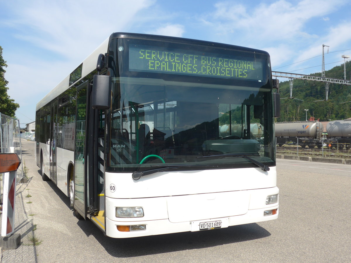 (208'135) - Interbus, Yverdon - Nr. 60/VD 501'689 - MAN (ex transN, La Chaux-de-Fonds Nr. 205; ex TN Neuch�tel Nr. 205) am 22. Juli 2019 beim Bahnhof Moudon