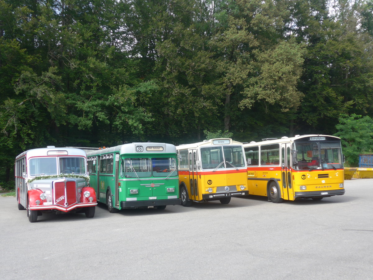 (209'260) - BSU Solothurn - Nr. 11/SO 20'727 - FBW/Hess + BVB Basel (RWB) - Nr. 75/BE 530'697 - FBW/FHS + Gast, Wimmis - Saurer/T�scher (ex HPTrans, Thusis; ex Mauerhofer, Worb; ex Erni, Schupfart Nr. 3; ex P 24'636) + W�thrich, Ursenbach - Nr. 5/BE 10'185 - Saurer/T�scher (ex Sch�rch, Gutenburg Nr. 5; ex Engeloch, Riggisberg Nr. 5; ex P 25'668) am 1. September 2019 in Burgdorf, �kihof Ziegelgut