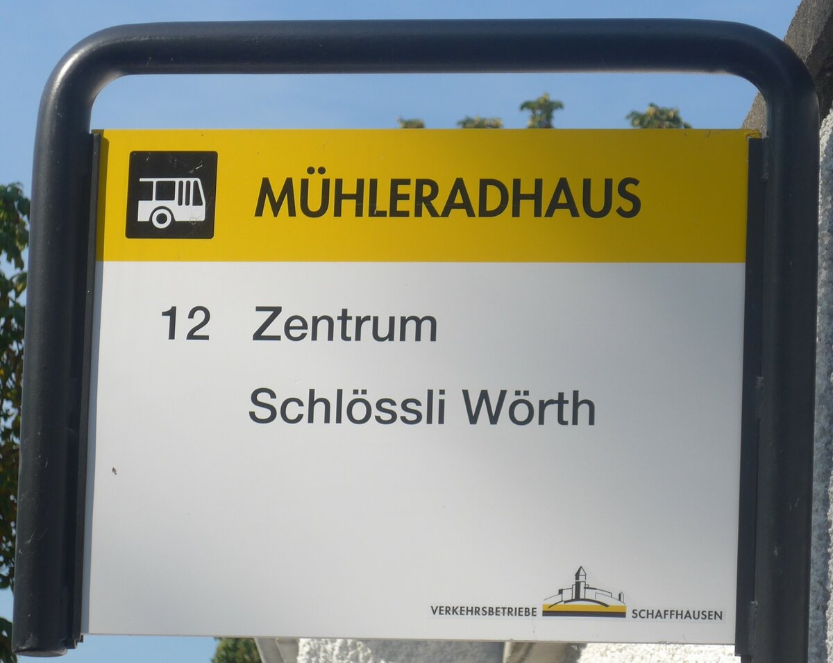 (209'556) - VERKEHRSBETRIEBE SCHAFFHAUSEN-Haltestellenschild - Neuhausen, M�hleradhaus - am 14. September 2019