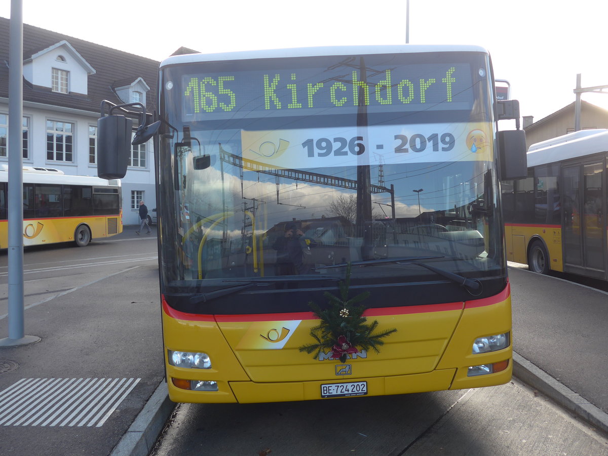 (212'924) - PostAuto Bern - Nr. 202/BE 724'202 - MAN (ex RBS Worblaufen Nr. 202) am 14. Dezember 2019 beim Bahnhof M�nsingen