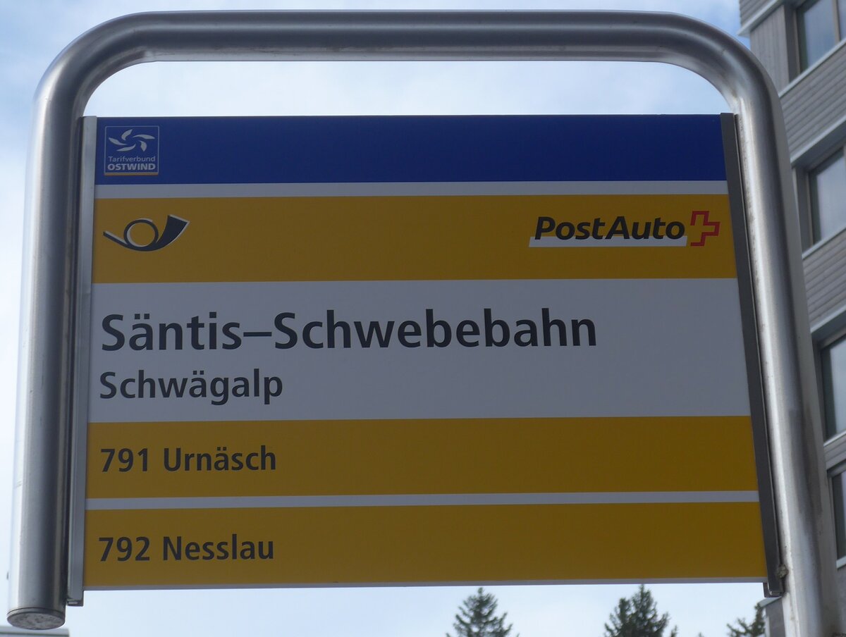 (214'012) - PostAuto-Haltestellenschild - Schw�galp, S�ntis-Schwebebahn - am 1. Februar 2020
