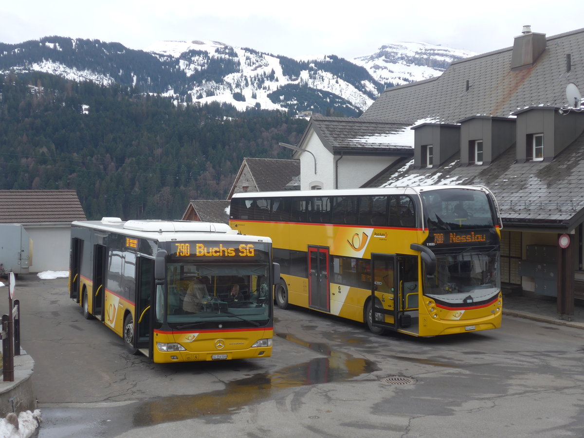 (214'062) - PostAuto Ostschweiz - SG 356'506 - Mercedes (ex Schmidt, Oberb�ren) + SG 443'910 - Alexander Dennis am 1. Februar 2020 in Wildhaus, Dorf