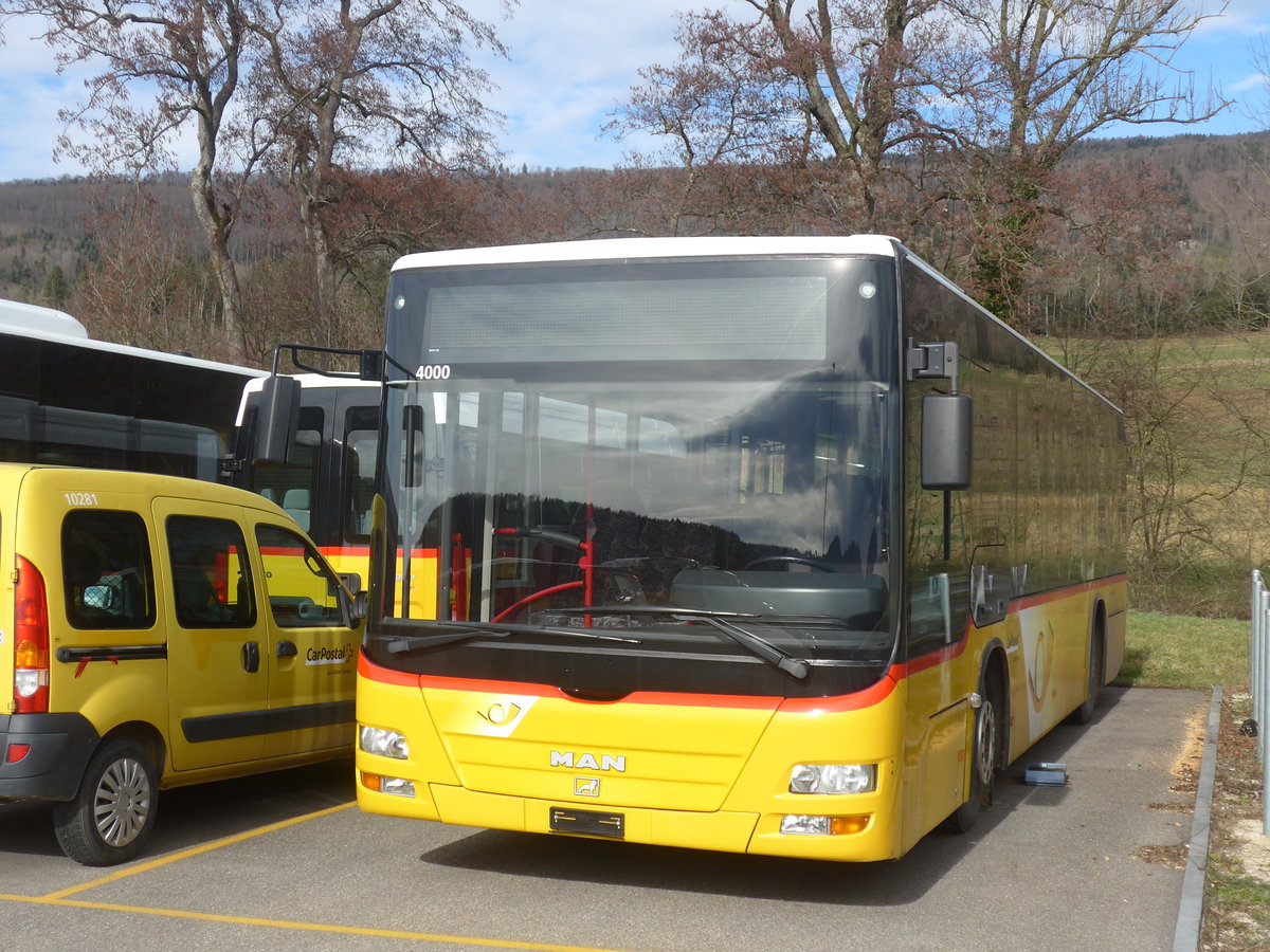 (214'288) - CarPostal Ouest - (JU 1925) - MAN/G�ppel (ex Sticki, Porrentruy Nr. 15) am 16. Februar 2020 in Develier, Parkplatz