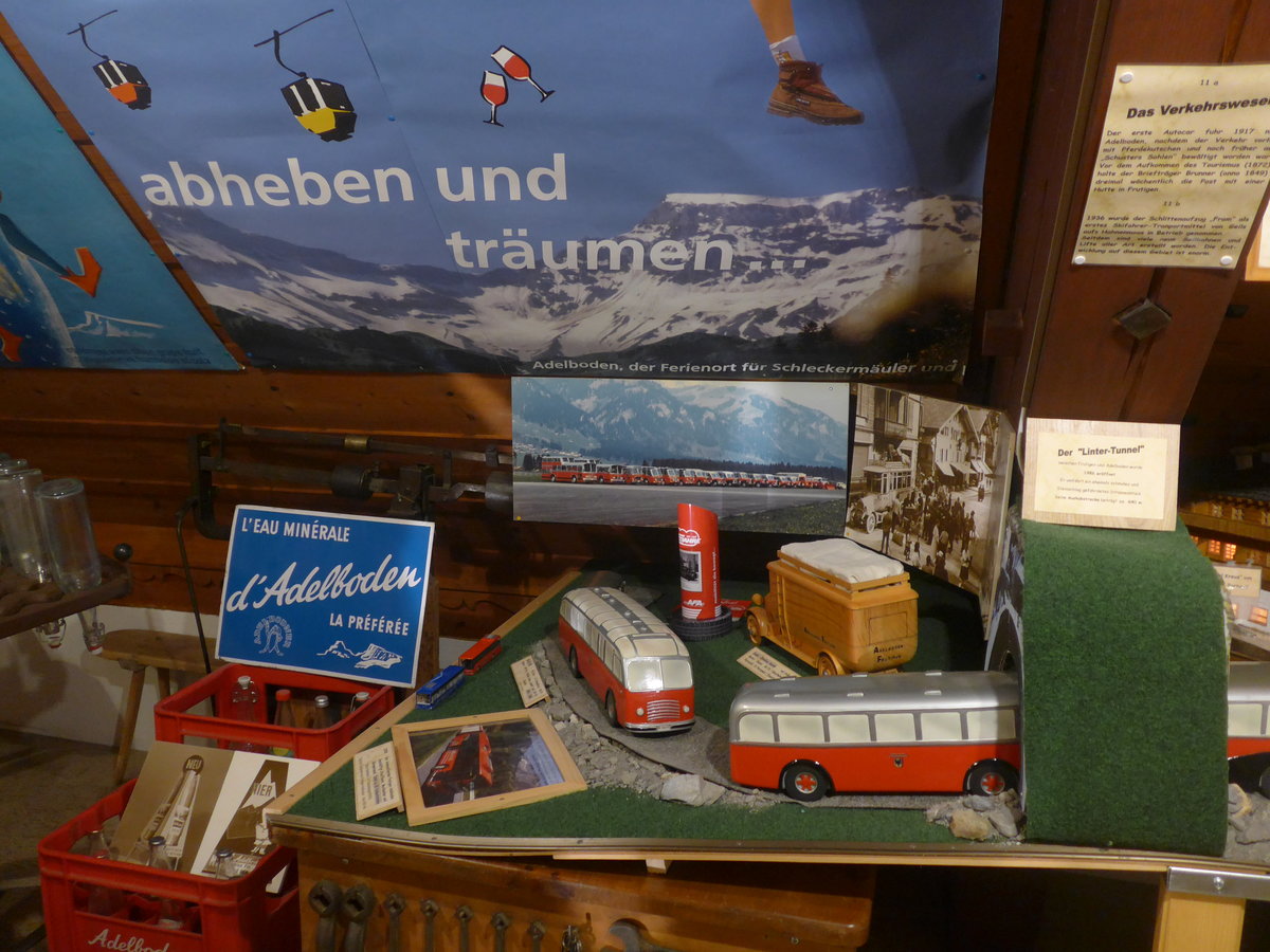 (214'534) - AFA Adelboden - Nr. 3/BE 26'703 - FBW/Gangloff + Nr. 4 - Saurer/K+W + Nr. 15/BE 29'729 - R&J Personenanh�nger am 19. Februar 2020 in Adelboden, Heimatmuseum (Modelle)