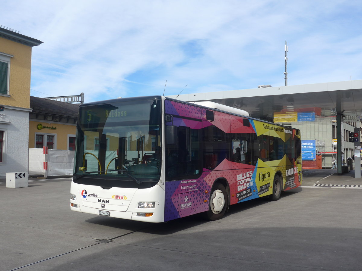 (214'643) - RVBW Wettingen - Nr. 93/AG 249'790 - MAN/G�ppel am 20. Februar 2020 beim Bahnhof Baden