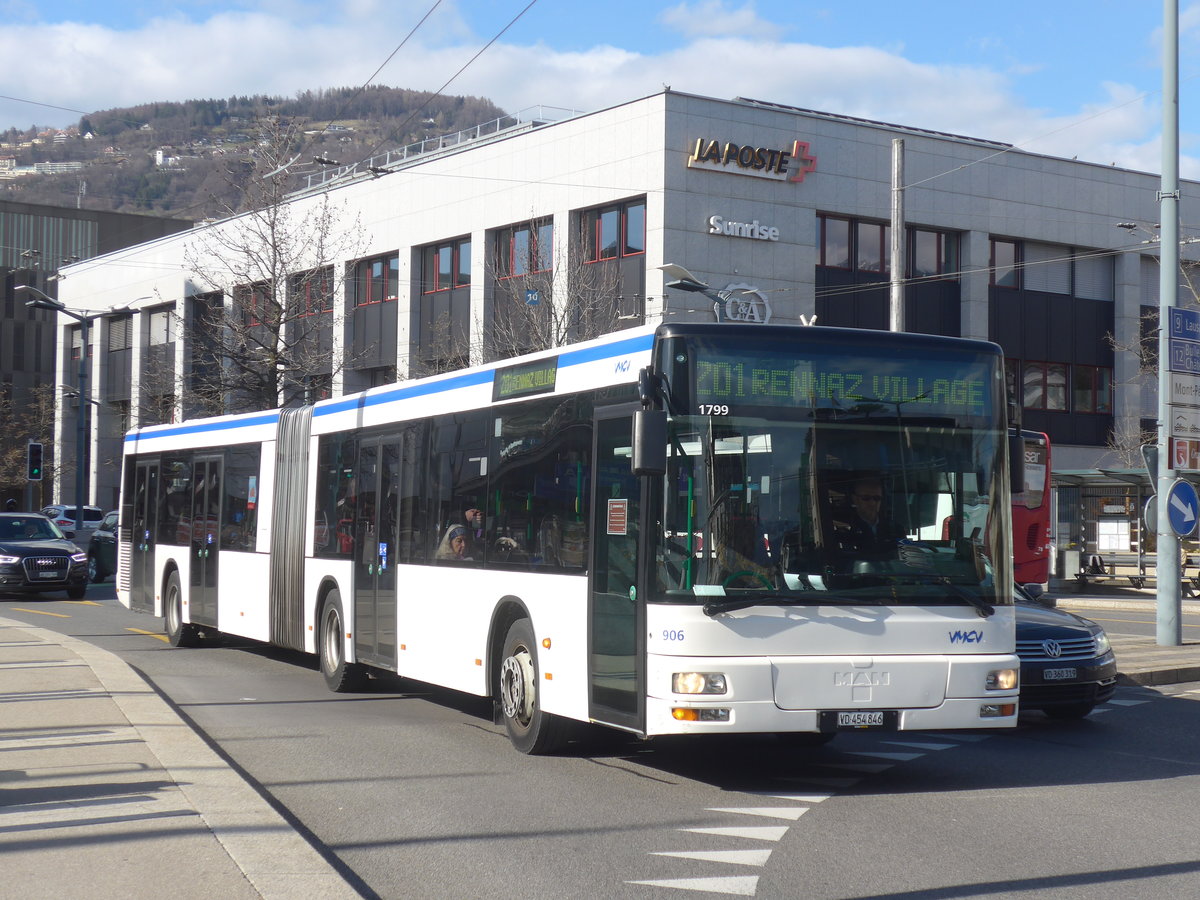(215'174) - VMCV Clarens - Nr. 906/VD 454'846 - MAN (ex transN, La Chaux-de-Fonds Nr. 243; ex TN Neuch�tel Nr. 243) am 14. M�rz 2020 beim Bahnhof Vevey