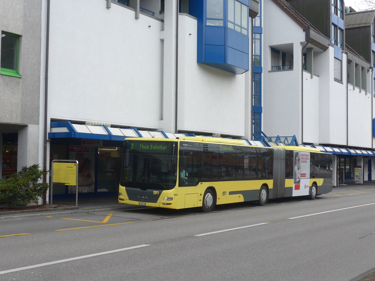 (215'689) - STI Thun - Nr. 140/BE 801'140 - MAN am 30. M�rz 2020 in Thun, Postbr�cke