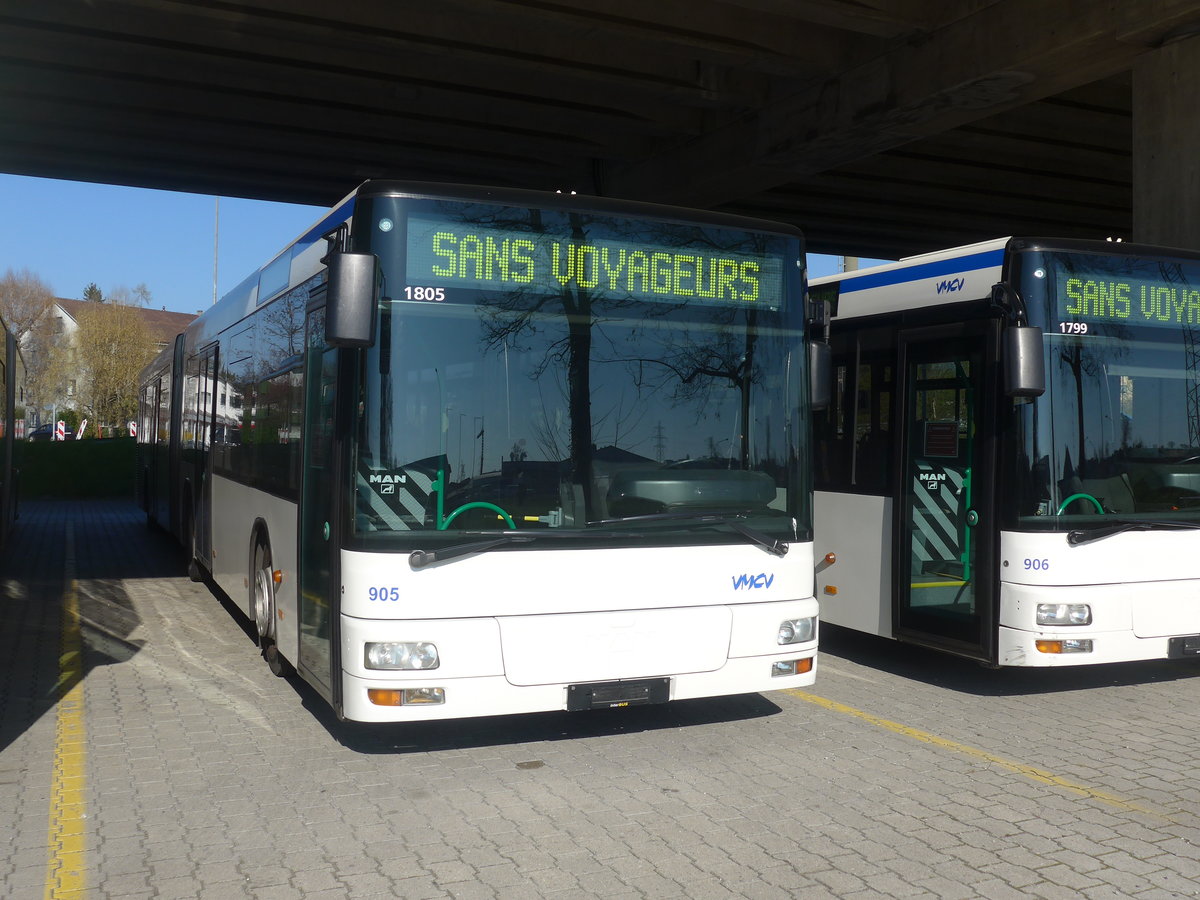 (215'835) - VMCV Clarens - Nr. 905 - MAN (ex transN, La Chaux-de-Fonds Nr. 245; ex TN Neuch�tel Nr. 245) am 4. April 2020 in Kerzers, Murtenstrasse